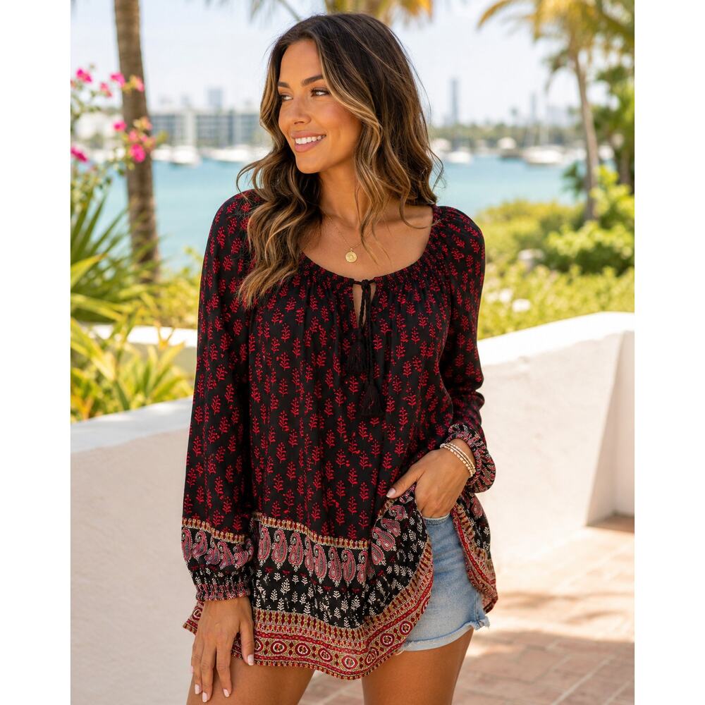 BeachLunchLounge Boho Peasant Tunic Top – Black & Red Print – Medium